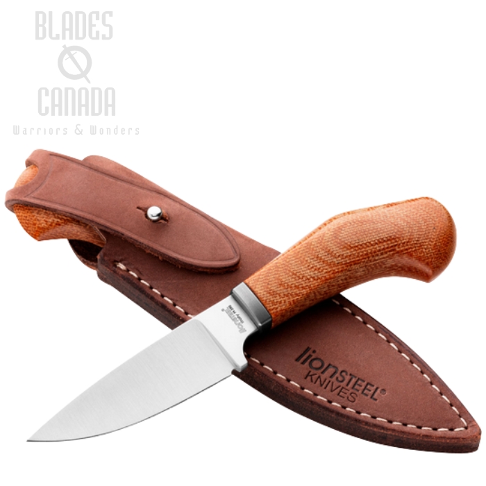 Lion Steel Willy Fixed Blade Knife, M390 Satin, Micarta Natural, Leather Sheath, WL1 CVN